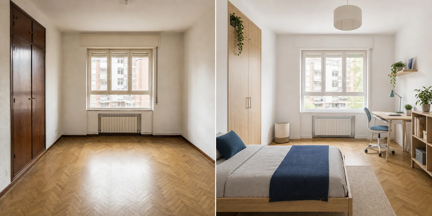 La misma habitación antes y después de una reforma para alquiler